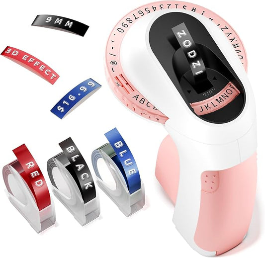 Zodzi Label Maker Embossing Label Maker for Scrapbook Junk Journal Supplies | Label Maker Machine with Tapes for DIY Crafts,Journal Supplies,Old School Embosser with 3 Rolls 3D Labeler Waterproof Tapes