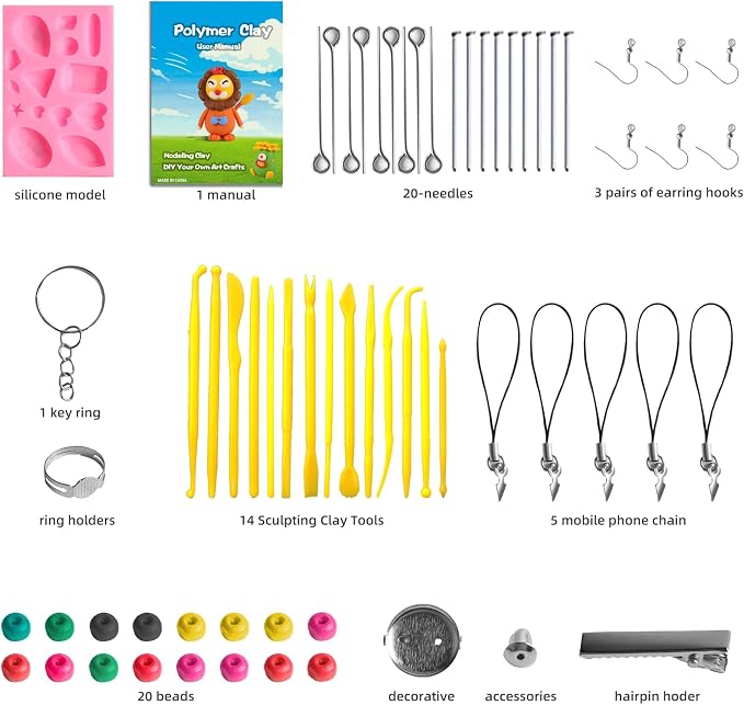 CiaraQ 51-Color Polymer Clay Oven Bake Modeling Kit | 14 sculpting tools, 2-layer storage box, silicone mold, acc. pack, guide. Great for school, home, gifts, kids & artists.