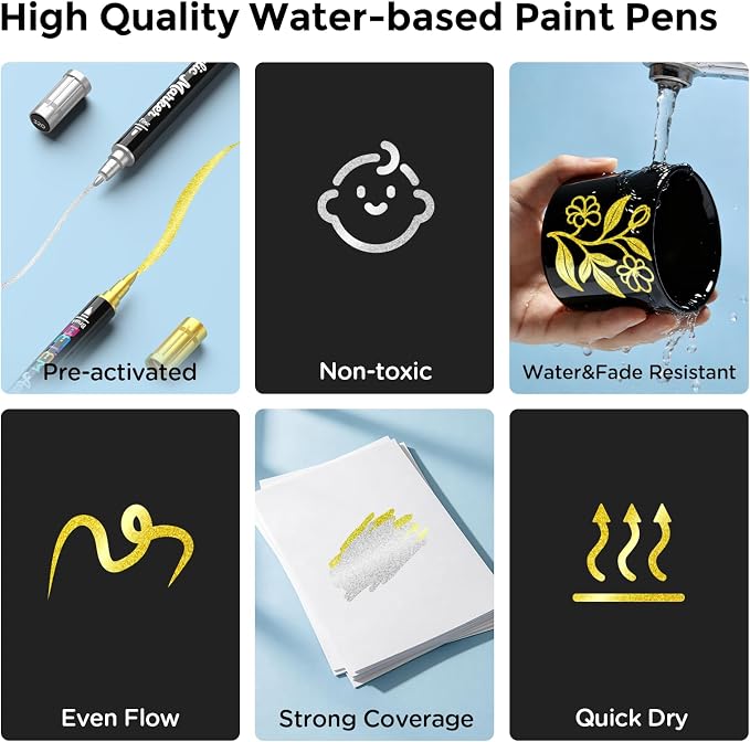 Betem 2 Gold & Silver Paint Markers for Glass, Dual Tip Acrylic Paint Pens | Window, Fabric, Wood, Rock, Canvas, Acrylic Markers with Fine & Brush Tip, Art & Craft Supplies, Wine Glass Markers