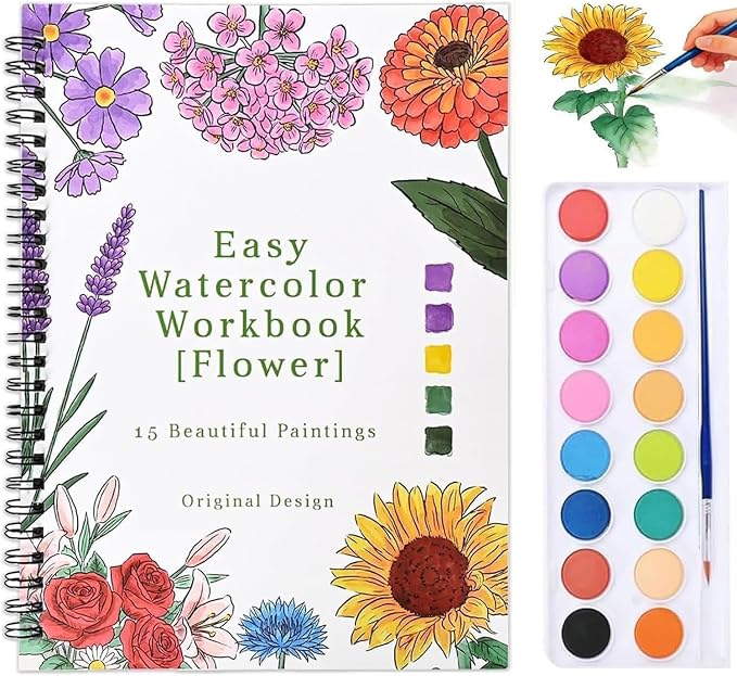 Watercolor Workbook for Beginner,15 Flower Patterns of Original DIY Designs,16 Colors Watercolor Paint Set with Brush Palette,Beginner-Friendly Water Color Workbooks,Water Coloring Book for Adults