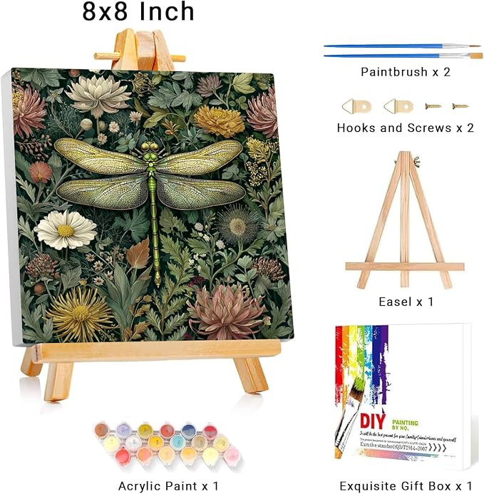 Framed Paint by Numbers Kit for Adults Beginner & Kids Ages 8-12 Dragonfly Adult Paint by Number Kits on Canvas with Easel Flower Painting by Numbers for Adults with Frame DIY Painting Kits 8x8 Inch