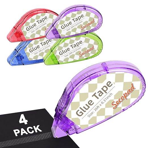 Secopad Scrapbook Tape, Glue Tape for Crafts, 4 Pack, Clear Colored Shell | 0.3IN x 26FT, Sticky & Safe, Double Sided Tape for Crafts, Scrapbooking Junk Journaling Supplies, For School Office Teachers