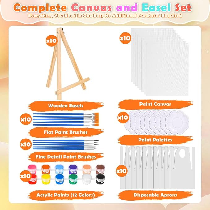 10 Pack Sip and Paint Kit for Adults Girls Night, Canvas Painting Kit | 8x10 Inch Art Canvas and Easel Set, Mini Acrylic Paint, Brushes, Aprons Paint Party Supplies, Couples Painting Kit Date Night