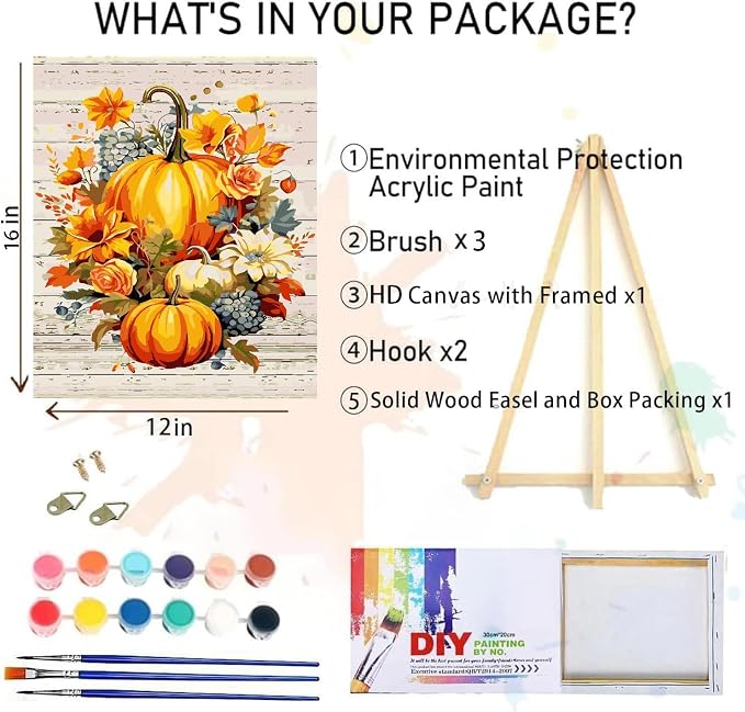 Fall Paint by Numbers for Adults with Framed Canvas-with Wooden Easel,Paint by Numbers Kits Framed Canvas,DIY Acrylic Oil Painting Kits with Brushes Nice Gift Box for Home Wall Decor(12x16 Inch)