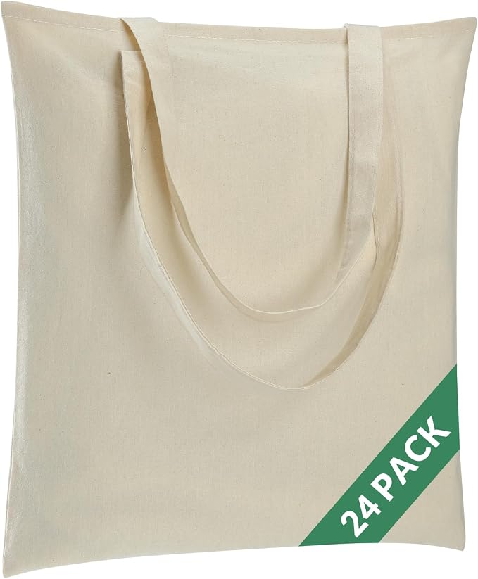 Carbrea 24 Pack Thin Canvas Tote Bags Bulk, Reusable Grocery Bags - Beige | Lightweight, 5oz Natural Canvas, Reinforced Stitches, Blank Design, Ideal for Shopping DIY Sublimation Activity Gift