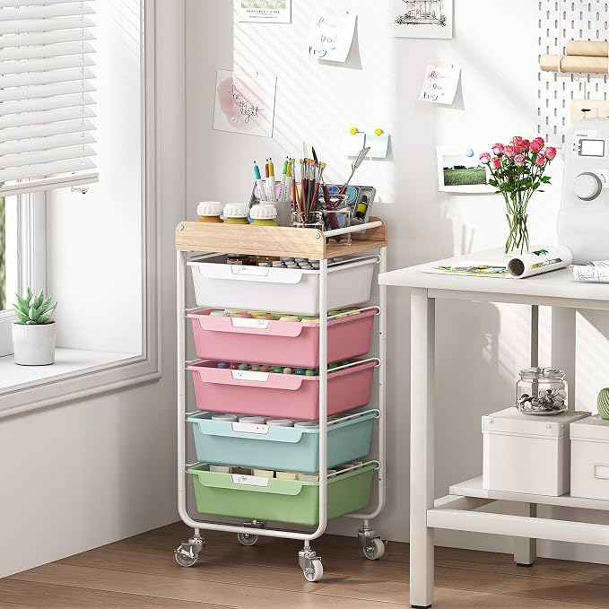 SYKIARIOL Utility Cart with Drawers,Craft Cart with 5 Drawers,Colorful | Art Supply Organizer,Rolling Drawer Cart,Craft Storage Cart,Storage Drawer Carts With DIY Lable and Wooden Tabletop Area