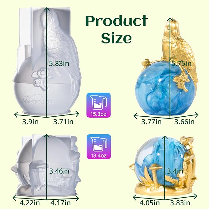 LET’S Resin Crystal Ball Resin Molds, Crystal Orb Decorative Statue Silicone Molds with Mushroom Stand and Bird Figurine,3D Sphere Epoxy Resin Molds for DIY Tabletop Decor, Housewarming Gifts