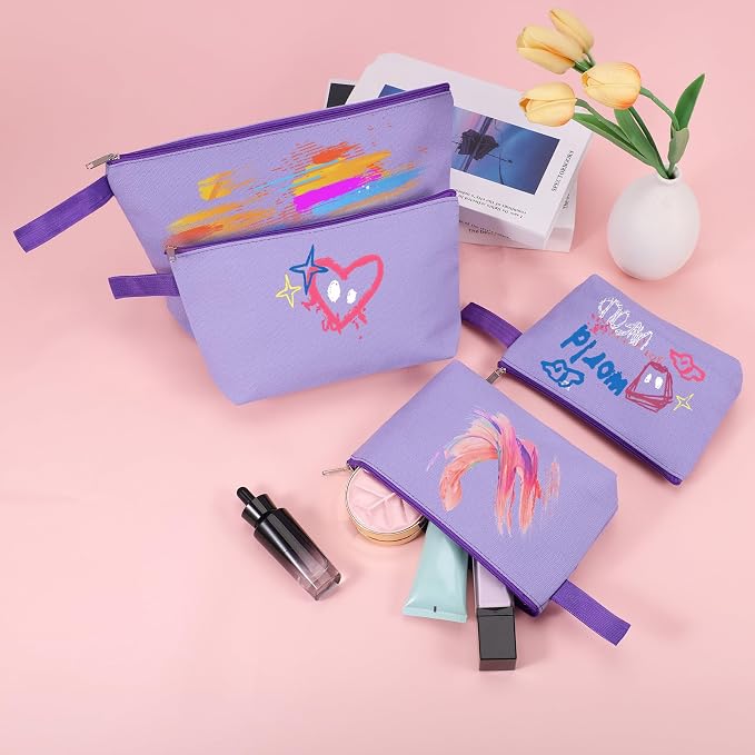 10 Pieces Cotton Canvas Makeup Bag with Bottom and Strap, Multi-Purpose Cosmetic Bag with Zipper Travel Toiletry Pouch, Blank DIY Craft Bag (Purple, M)