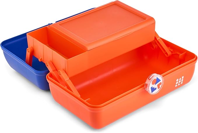 Caboodles School Spirit On-The-Go Girl Makeup Box, Blue Over Orange, Hard Plastic Makeup Organizer Box, Built-In Mirror, Secure Latch for Safe Travel, Spacious Storage for Large Items