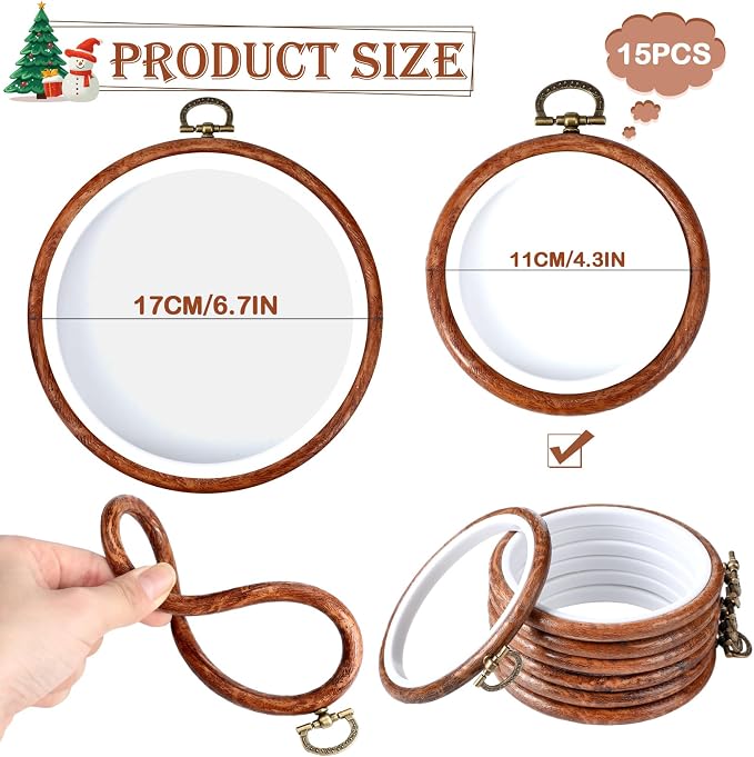 Burbell 15 Pcs 4 Inch Round Embroidery Hoops Frame Bulk Circle Spring Rubber Hoops Ring Display Cross Stitch Ornament Wood Frame Kits for Spring Gifts Mother's Day Craft Sewing DIY Hanging Gifts