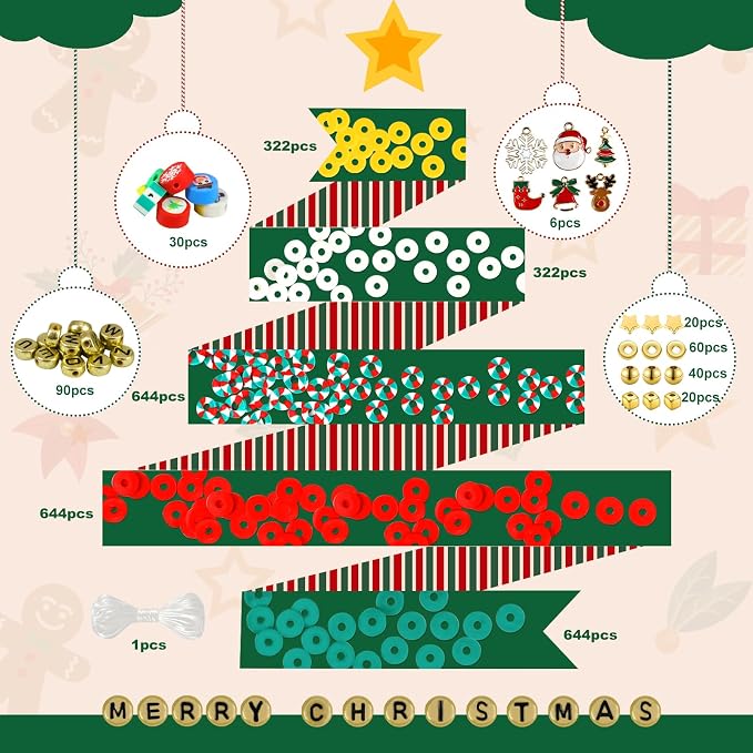 Redtwo Christmas Clay Beads Bracelet Making kit | 3000 Pcs Clay Beads Christmas Crafts Decorations Charms for Jewelry Making, Gifts for Teen Girls Age 6-12