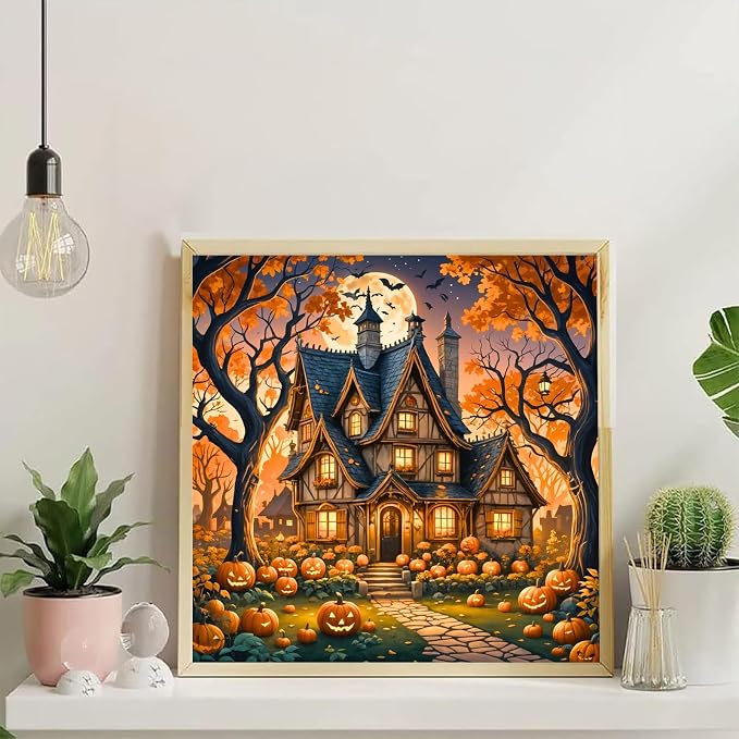 YarnWhimsy Halloween House Paint by Numbers Kit for Adults 16x16 inch