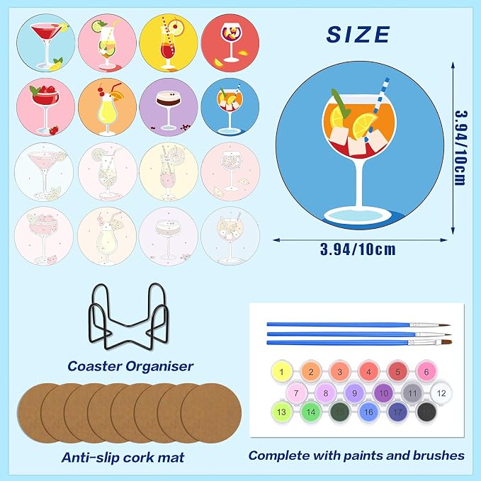 8 Pack Drinks Paint by Numbers Kits Coasters with Holder Cork Pads | Cocktail Paint by Number Kits for Adult Simple Round Oil Painting Coaster for Small DIY Craft Holiday Birthday Gift 3.9x3.9in