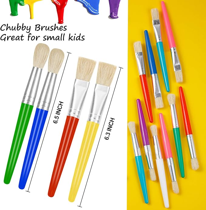 YGAOHF 48 Pack Paint Brushes for Kids - Kids Paint Brushes with Bristle, Big Washable Chubby Toddler Paint Brushes, Easy to Clean Round Flat Brushes for Acrylic Oil Watercolor Washable Paint