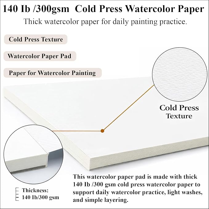 Ogfu Watercolor Paper Pad, 9"x12" Water Color Paper, 140lb/300gsm | Watercolor Sketchbook for Beginners, Students, Art Paper for Watercolor Painting, Drawing & Art Supplies,16 Sheets