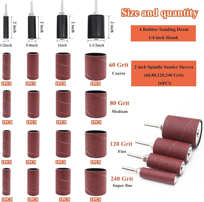 20Pcs Sanding Drums Kit for Drill & Drill Press,2-inch Aluminum Oxide Spindle Sander Sleeves (60/80/120/240 Grit) and 4 Rubber Sanding Drums,1/4-Inch Shank for Sanding,Smoothing, Metals,Wood