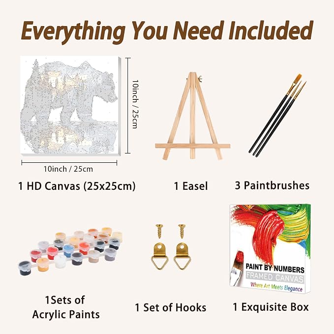 AUKELHJ Framed Paint by Numbers Kit for Adults, Bear, 10x10 inch