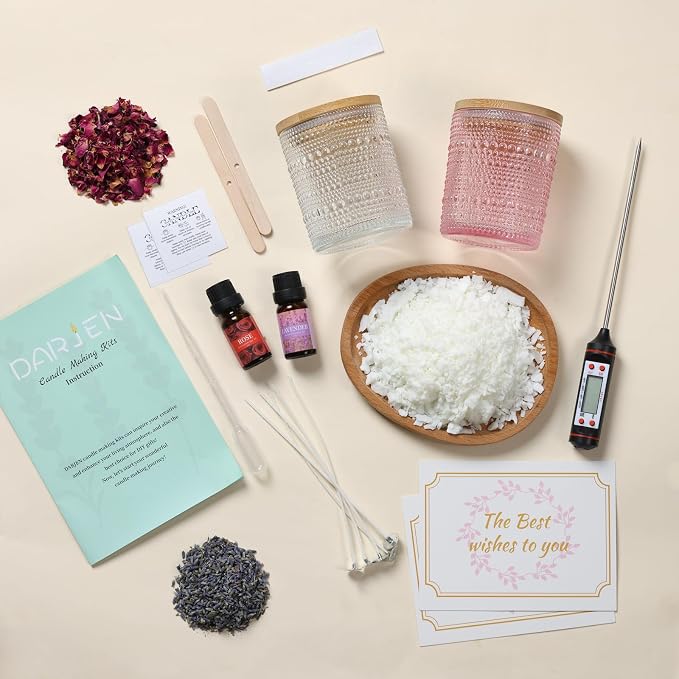 DARJEN Candle Making Kit for Beginners, 2 Jars Soy Wax Scented DIY Set | 100% Soy Wax, 10oz Glass Jars, Natural Cotton Wicks, Pleasant Scents, Instruction& More- Perfect as Home Decorations