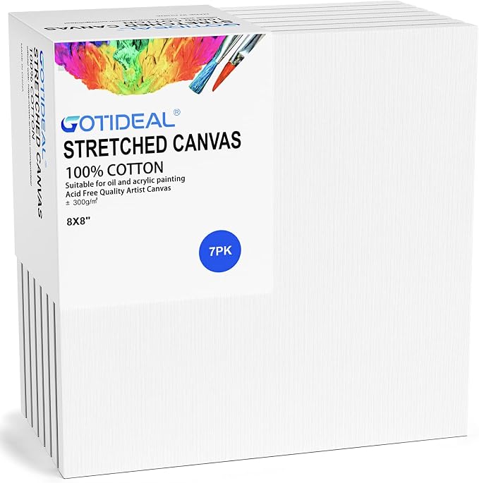 GOTIDEAL Stretched Canvases for Painting, 8x8 Inch Set of 7, Primed White | 100% Cotton Blank Art Square Canvas Boards for Painting for Acrylic Pouring, Oil Paint Dry & Wet Art Media