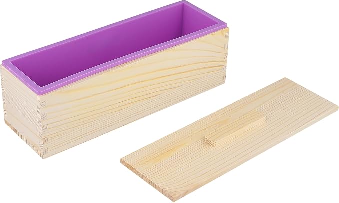 4PCS 42oz Silicone Soap Kit, Purple Rectangular Silicone Loaf Soap Making with 4 Wooden Boxes and 4 Lids, DIY Supplies for Soap Making