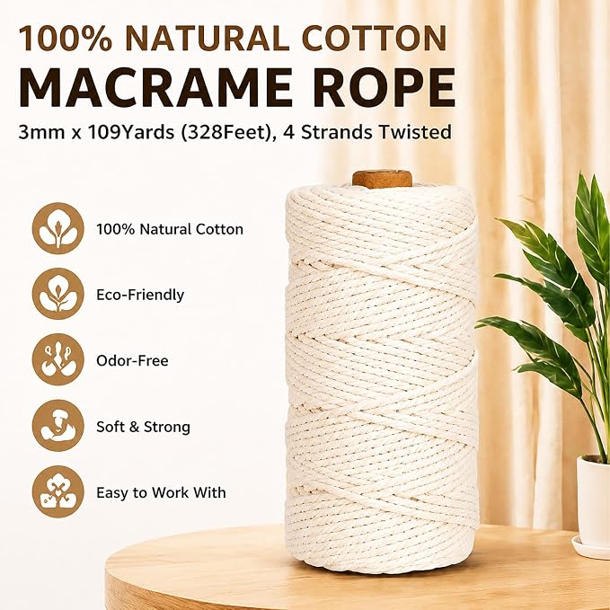Natural Cotton Macrame Rope - 3mm x 109Yards (328Feet), 4 Strands Twisted Cotton Cord for Wall Hanging, Plant Hangers, Crafts, Gift Wrapping and Wedding Decorations, Beige