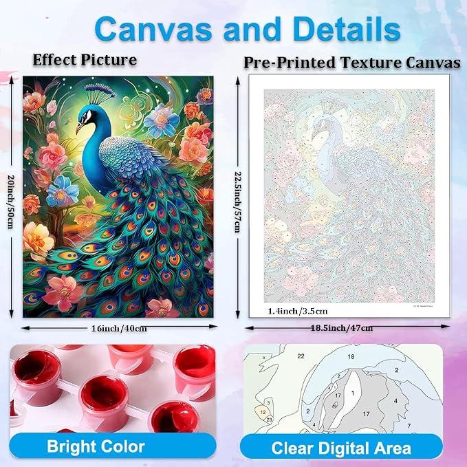 Artunion Peacock Paint by Numbers Kit for Adults,Flower Paint by Number Kits, DIY Oil Painting Paint by Number Kits on Canvas Arts Craft for Home Wall Decor 16x20 Inch