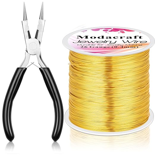 ModaCraft 26 Gauge Ultra-FINE Jewelry Wire Gold (328ft/100m) + 4-in-1 Ergonomic Pliers Set | Tarnish Resistant Copper Craft Wire for Wire Wrapping, Beading & Micro Jewelry Making | DIY Supplies Kit
