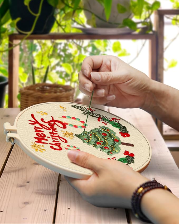 TINDTOP Christmas Embroidery Kit for Adult, 5 Pack Embroidery DIY Starter Kit, with Stamped Patterns, Hoop, Tools, Colorful Threads with Needles, Instructions | 5 Pack with Stamped Patterns, Hoop, Tools, Colorful Threads with Needles, Instructions