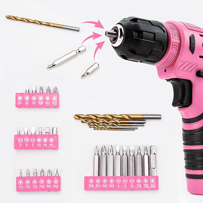 CARTMAN 150-Piece 8V Cordless Drill Hand Tool Set Pink Household Repair Kit | All-Inclusive Tool Assortment With 8V Drill, Great For Home Upkeep, DIY Crafting And Daily Household Fixes