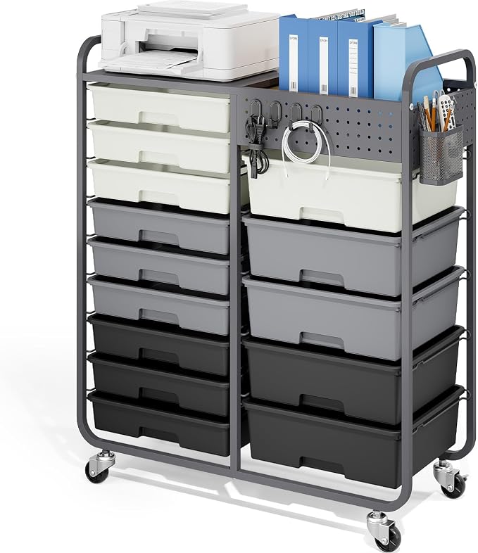 14 Drawer Rolling Storage Cart with Tabletop and Pegboard for Crafts Grey | Easy Setup, Large Capacity, Sturdy Build, Smooth Mobility, For classroom, office and dorm supplies