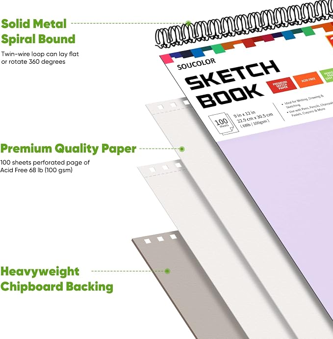 Soucolor Sketch Book 9" x 12", 2 Pack School Art Supplies Gifts for Girl | 200-Sheets Each (68lb/100gsm) Purple Drawing Notebook for Kids,Gifts for Women,Perfect for sketching, drawing,colored pencils