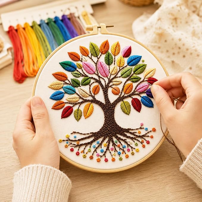 Zhenqing Rainbow Tree of Life Embroidery Kit for Beginners - 29x29cm Printed Fabric with Hoop & Full Tools (C0060)