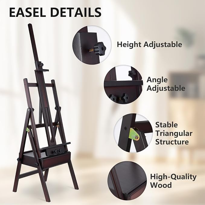 Beech Wood H-Frame Painting Easel with Storage Drawer, Walnut