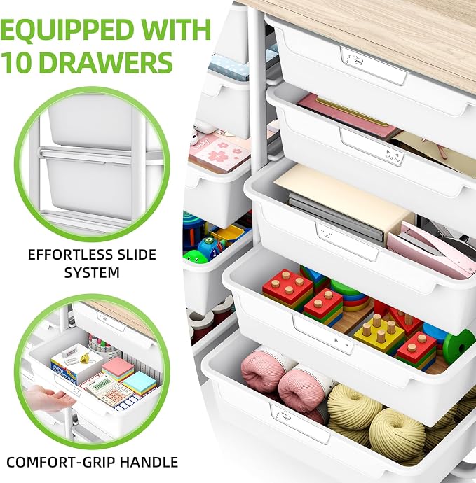 10 Drawers Rolling Cart with Wooden Tabletop, Utility Storage Cart with Wheels, Art Supply Craft Organizer on Wheel with Metal Frame & Handles for Home Office School (Pure White)