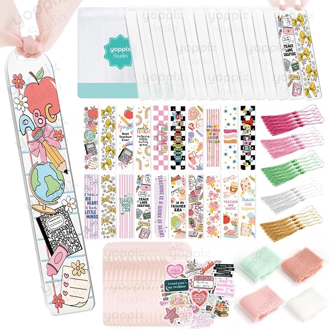 180 Pcs Acrylic Bookmark Blanks- 20 Set Bookmark Making Kit with 20 UV DTF Stickers About Teacher Theme 20 Tassels 20 Ribbon 80 Bookish Stickers for DIY Your Crafts Gift for Teacher