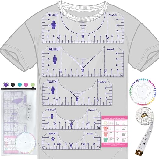Vowlove T-Shirt Ruler Guide for Shirt Design Placement and Alignment | Pocket Line and Visual Size Icons Help Position Center Designs and Left Chest Logos for Heat Press, Cricut and Custom Apparel