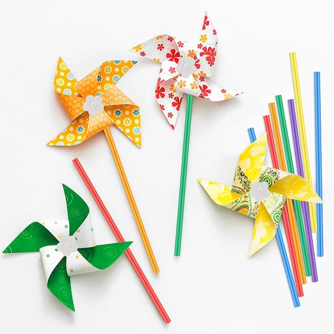 Poen 24 Pcs DIY Pinwheels for Kids Bulk, Blank White Paper Craft 5 in | Color Your Own Windmills Activity, Patriotic Summer Party Favors for Kids, VBS Sunday School Classroom Art Project Supplies