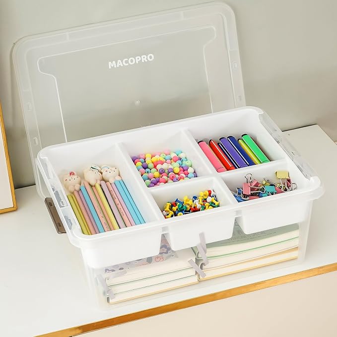 17QT Clear Plastic Craft Storage Box with Removable Tray & Lid - 2 packs | white container, art supply organizer for playdoh, sewing, beads & craft tools, space-saving stackable bins