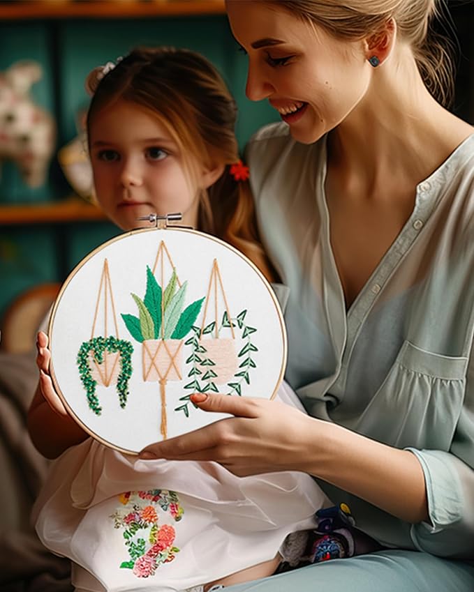 Santune 3 Sets Embroidery Kit for Beginners Needlepoint Cross Stitch Kits for Adults,Stitch Learning DIY Sets with Instruction Video,Stamped Floral Patterns,Hoop,Threads,Sewing Kit