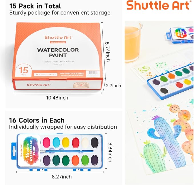 Shuttle Art 16 Colors Watercolor Paint Set Bulk, 15 Pack, Watercolor Paint Set with Paint Brushes for Kids and Adults, Washable Paint for Classroom, Parties, Kindergarten and Art Activities
