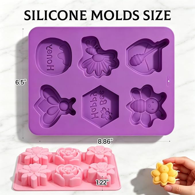 SJ Bee & Flower Silicone Mold Set, 2-Pack 6-Cavity Soap & Craft Molds | For Crafts, Soap Making, Plaster, Wax Melts & Resin, Food Grade Silicone, Easy Release, Reusable
