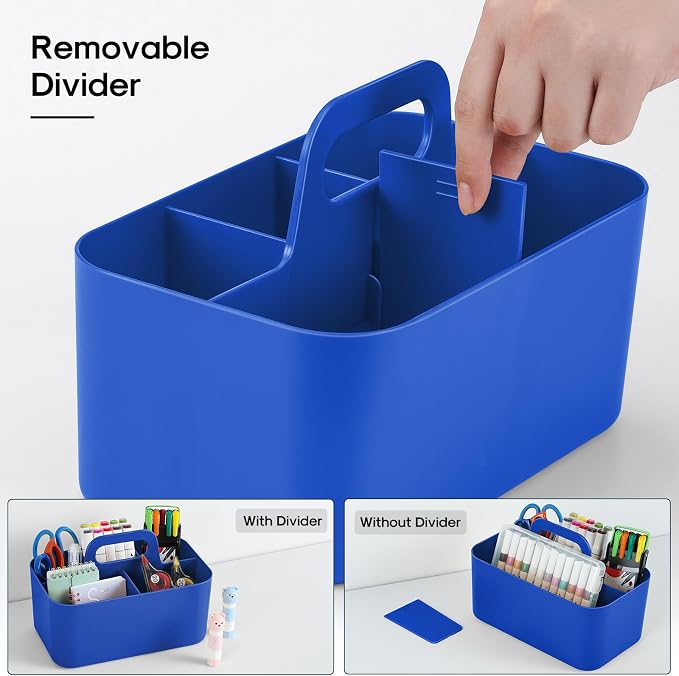 Multiuse Caddy Organizer with Handle, Portable Plastic Tote Bin - Art Craft, Stationary Pen Marker Crayons, Makeup Hair Supplies Storage - Bathroom, Classroom, Dorm, Office, Desk Holder - Dark Blue