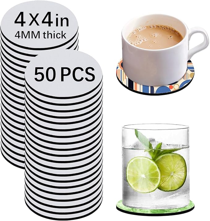 50 PCS Sublimation Blank Cup Coasters Bulk, 4x4 Inch Round Blank Cup Mat Rubber for Sublimation Transfer Heat Press Printing DIY Crafts