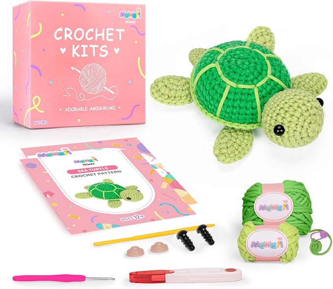 Mewaii Green Sea Turtle Crochet Kit for Beginners, 40% Extra Yarn | Video Tutorial, Pre-Started Piece, Gift Box, Level 1 Starter Kit, Family Craft for Adults, Kids & Beginners