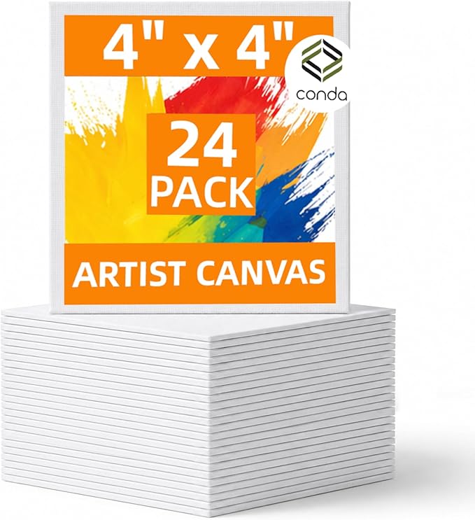 CONDA 24 Pack 4x4 Inch Mini Blank Canvas for Painting, 100% Cotton Canvas with Pinewood Frame, Acid-Free Primed Mini Square Canvas for Acrylic Oil Painting, Classroom Art & Party Decor