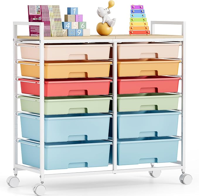 TOOLF 12 Drawers Rolling Storage Cart with Wooden Top for Classroom,Rainbow | Teacher Cart Craft Art Supply Organizer, Utility Cart with Lockable Wheels for Home Household Essentials, Office Organization