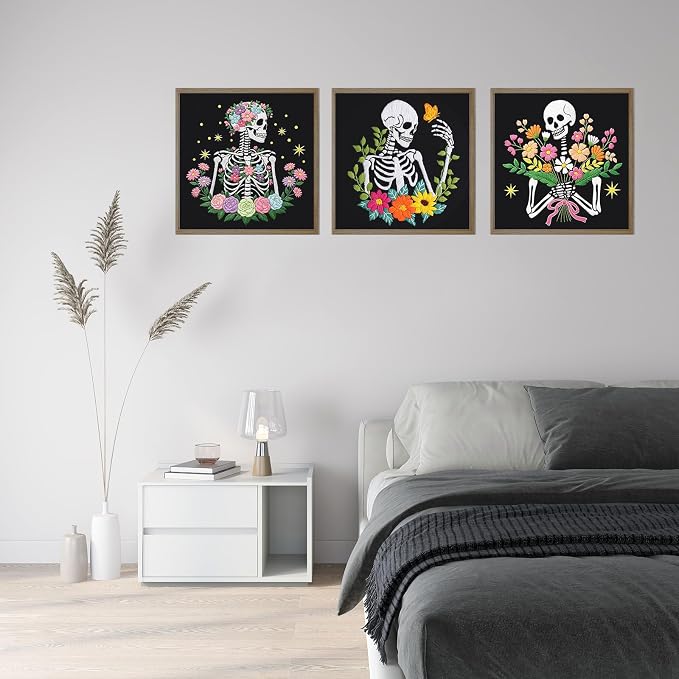 Louise Maelys 3 Pack Embroidery Kit for Beginners Floral Halloween DIY | Complete Set for Halloween Skeleton Crafts. Cross Stitch Kits with Floral Designs and Needlepoint Kit For DIY Projects