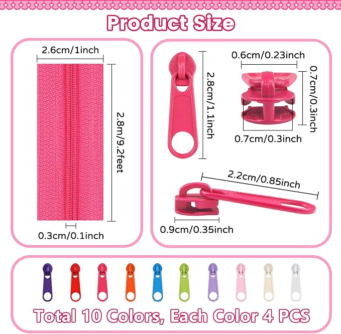 DOITEM 31 Yards 10 Pieces Sewing Zippers #3 Nylon Coil Zippers 10 Colors Assorted Zipper for Sewing with 40 Zipper Sliders for DIY Tailor Sewing Crafts Supplies,