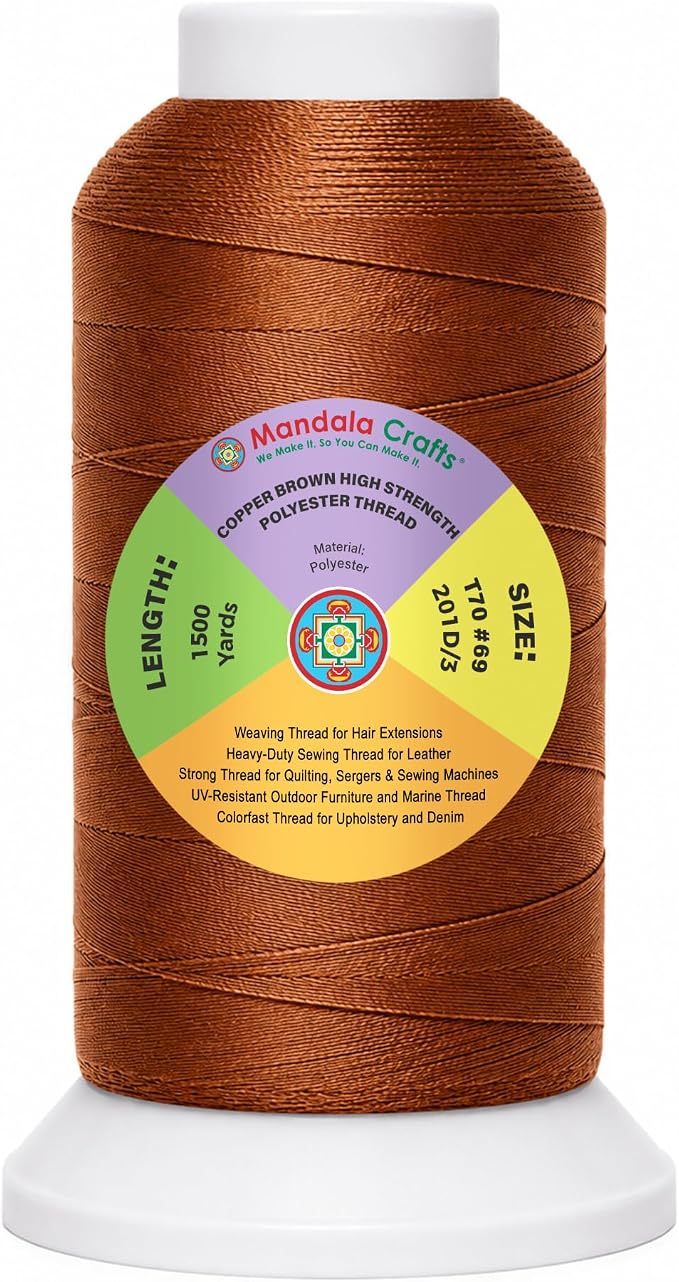 Mandala Crafts Copper Brown Tex 70 Upholstery Polyester Heavy Duty Thread | 1500 Yds T70 UV Resistant Strong Thread for Leather Sewing, Marine, Drapery, Jeans, Hair Weaving & Extension, Outdoor