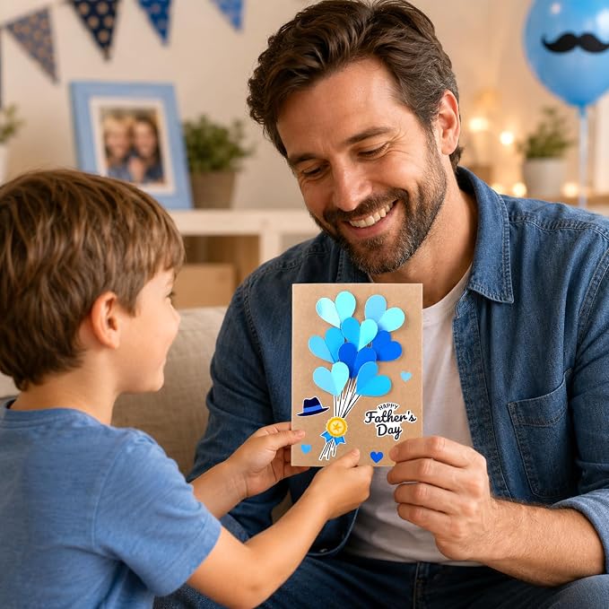 Yomjress 24 Sets Father's Day DIY Card Making Kit 3D Heart Tie Trophy Greeting Cards with Envelope Stickers Fathers Day DIY Card Crafts for Gifts Exchange Best Dad Daddy Papa Party Favors
